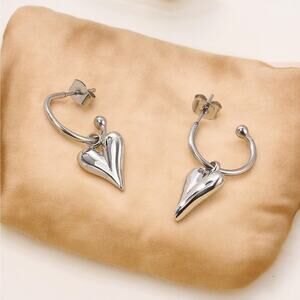 NEW 18k White gold plated heart charm drop hoops earrings jewelry B21